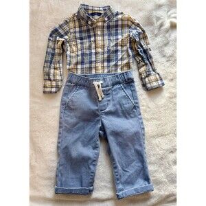 Janie and Jack Boys Blue Pants w/ Yellow & Blue Plaid LS Shirt Size 12-18 months